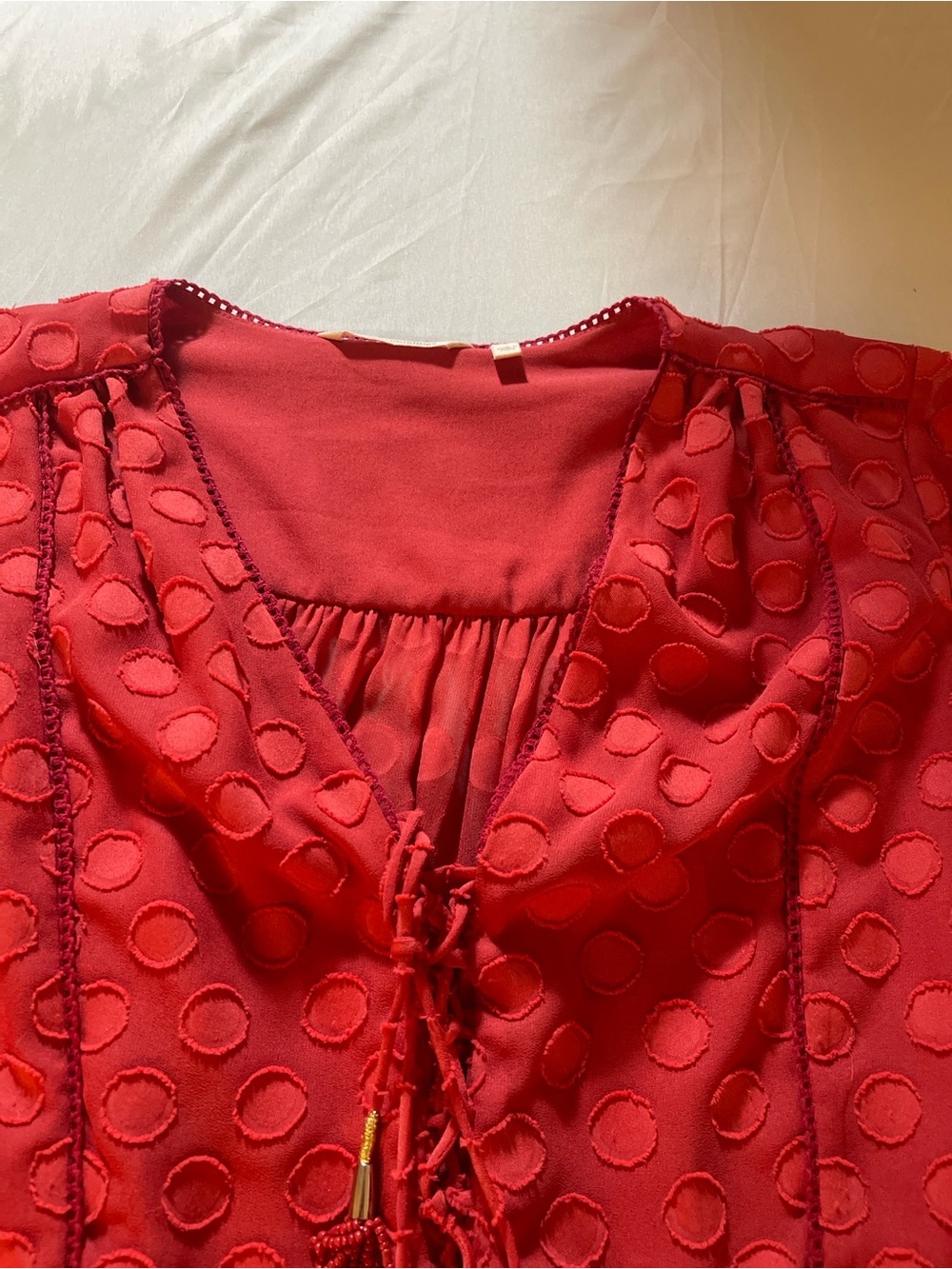 Soft Surroundings Red Swiss Dot Boho Blouse Tassel Tie Flowy Peasant Top Womens - Picture 7 of 14